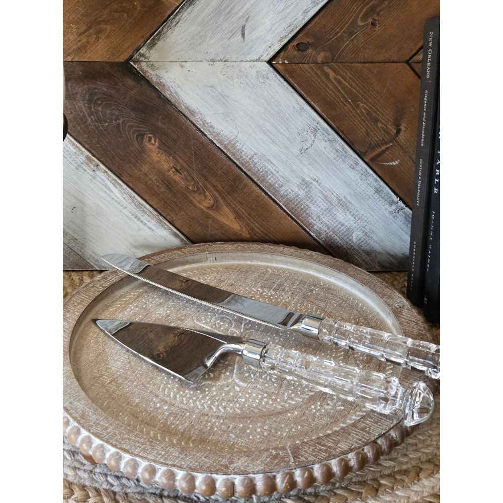 Vintage Style Crystal Cut Acrylic Handle Cake Knife and Pie Server Set Silver